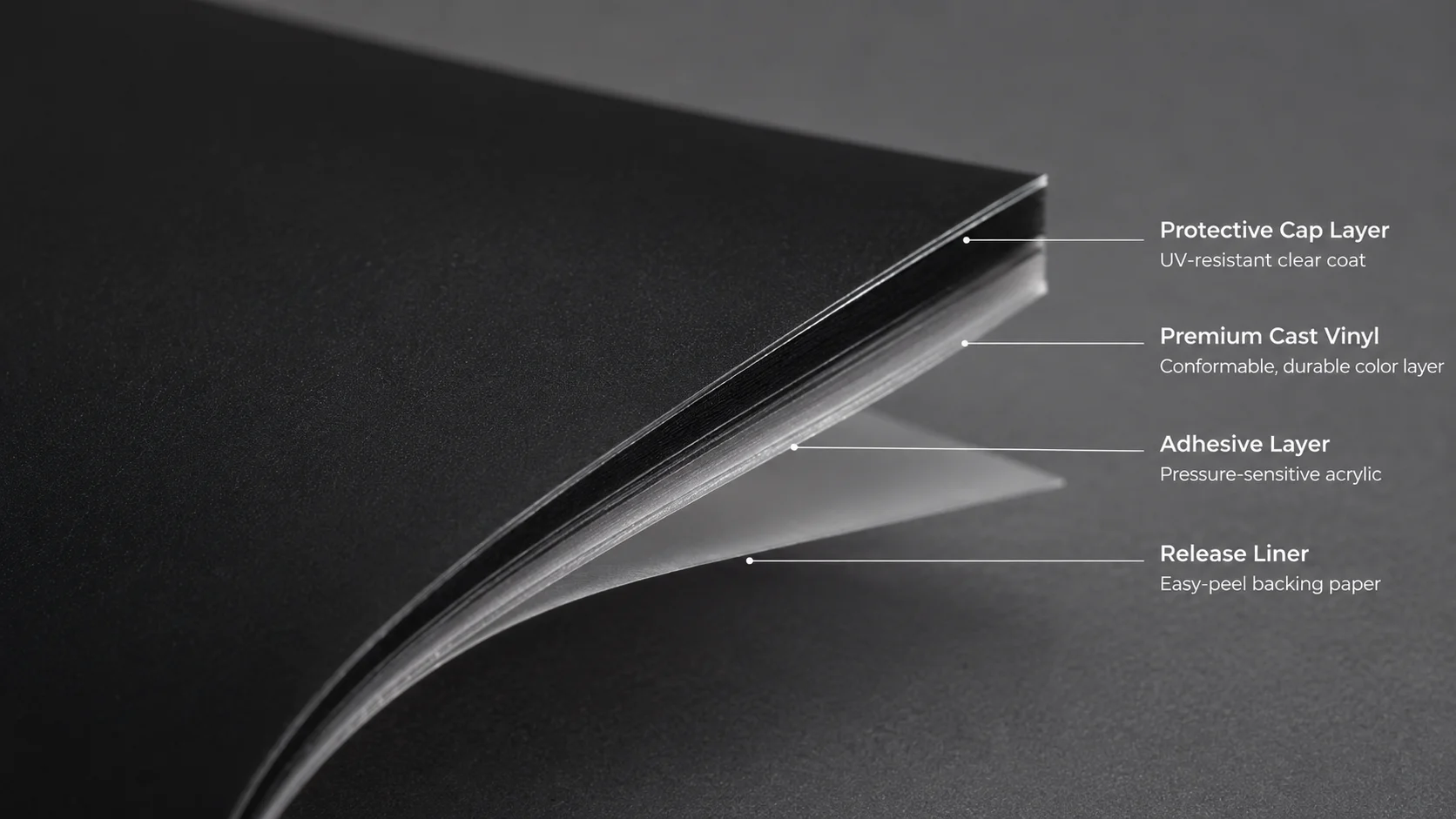 Close-up af folie på biler — tekstur og lag i cast vinyl